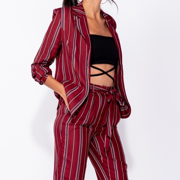 SALE! Burgundy Striped High Waist Straight Pants - Picture 6 of 9